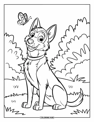 Coloriage de berger allemand pour enfants : Un chien détendu sourit à un papillon sous des arbres et de l’herbe doux