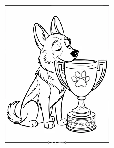 Coloriage de berger allemand pour enfants : Un chiot détendu s’appuie contre son trophée d’empreinte de patte dans une fierté tranquille