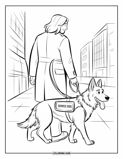 Coloriage de berger allemand pour enfants : Un chien de service marche fièrement à côté de son maître dans la ville