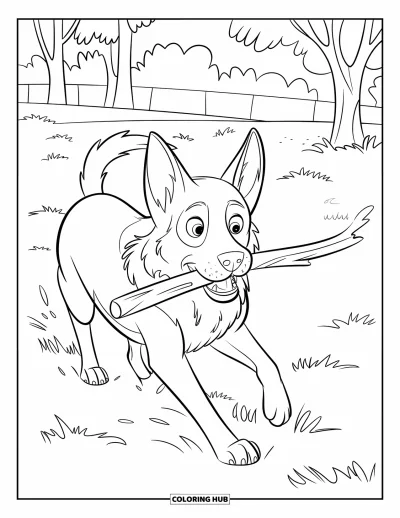 Coloriage de berger allemand pour enfants : Un berger poursuit son bâton près d’une clôture dans un parc herbeux