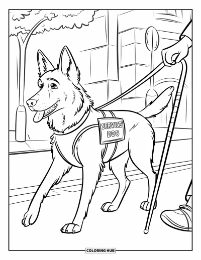 Coloriage de berger allemand pour enfants : Un berger dans un gilet de service marche à côté d’un trottoir de la ville