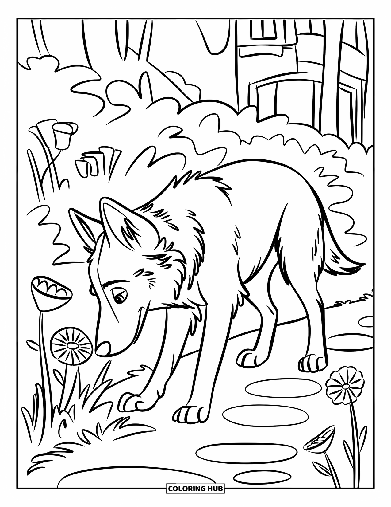 Disegno di un Pastore Tedesco da colorare per bambini: Un Pastore Tedesco si ferma su gradini di pietra per sentire il profumo dei fiori del giardino