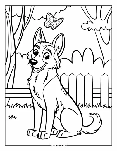 Coloriage de berger allemand pour enfants : Un berger assis regarde un papillon flotter près de sa tête