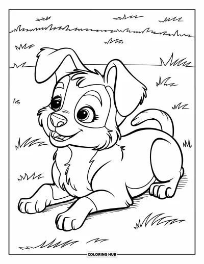 Coloriage de berger allemand pour enfants : Un petit chien aux oreilles tombantes est couché paisiblement dans l’herbe