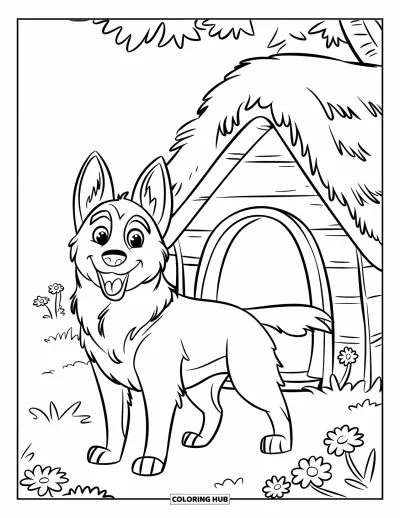 Coloriage de berger allemand pour enfants : Un berger allemand souriant se tient fièrement devant une niche en bois confortable, entourée de fleurs