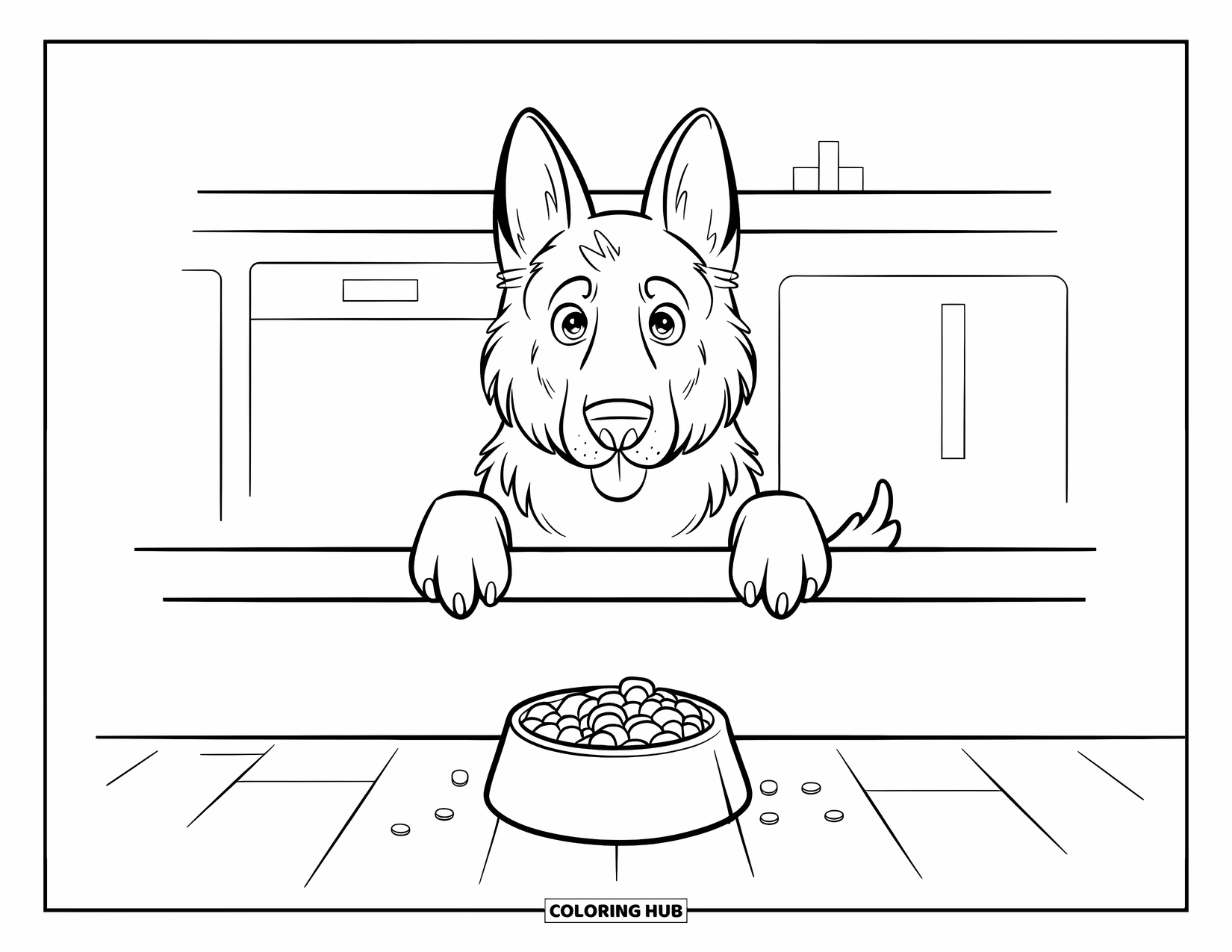 Disegno di un Pastore Tedesco da colorare per bambini: Un cucciolo furbo cerca di prendere del cibo dal bancone della cucina