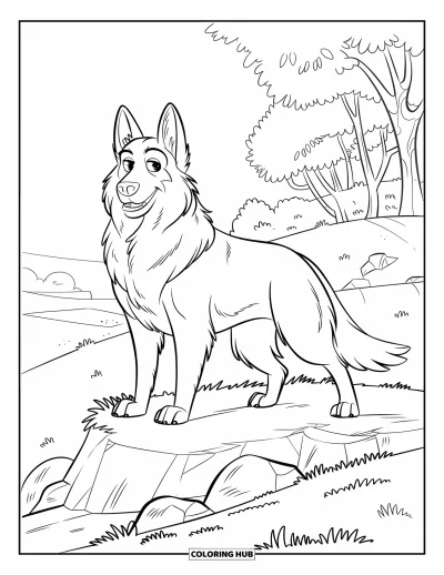 Coloriage de berger allemand pour enfants : Un berger fort se tient grand sur un rocher avec des arbres autour