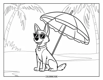Coloriage de berger allemand pour enfants : Un berger élégant se détend sur la plage sous un palmier