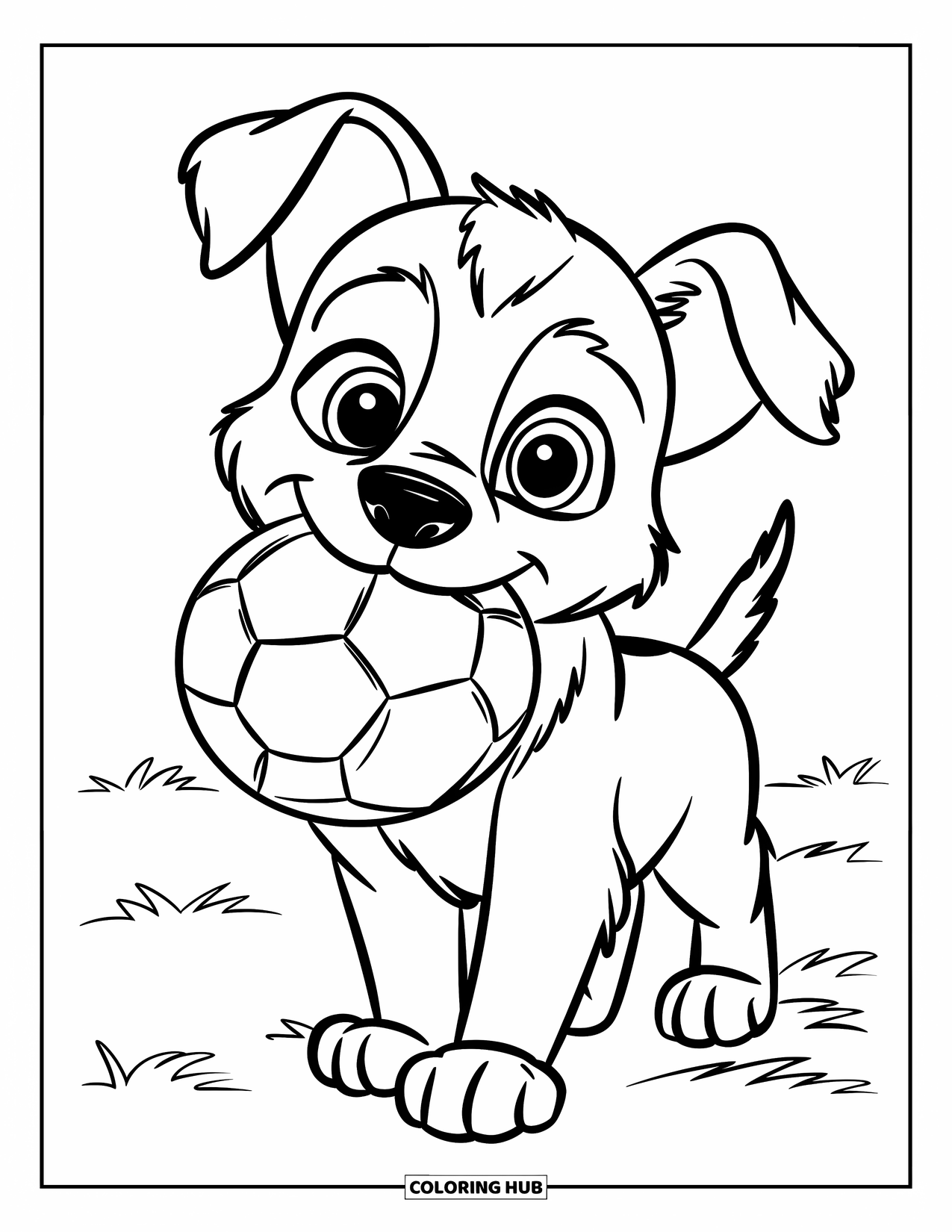Disegno di un Pastore Tedesco da colorare per bambini: Un cucciolo di Pastore Tedesco dagli occhi dolci trasporta una palla a pois in un semplice campo erboso