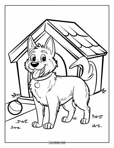 Coloriage de berger allemand pour enfants : Un berger allemand avec la langue sortie se tient à côté d’une niche et d’une balle bleue sur un terrain herbeux