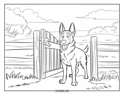 Coloriage de berger allemand pour enfants : Un chien vigilant garde une clôture avec des arbres et des ciels nuageux