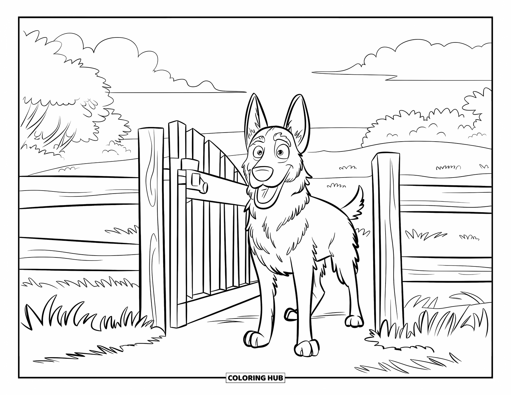 Disegno di un Pastore Tedesco da colorare per bambini: Un cane vigile sorveglia una recinzione con alberi e cieli nuvolosi