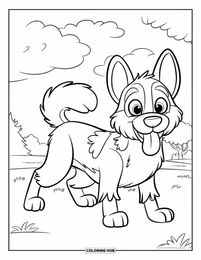 Coloriage de berger allemand pour enfants : Un berger allemand aux yeux écarquillés avec sa langue sortie se tient sous des nuages moelleux dans une zone herbeuse