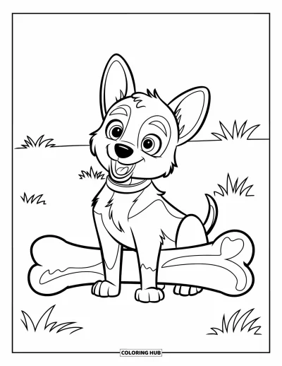 Coloriage de berger allemand pour enfants : Un chiot aux yeux écarquillés avec un collier est assis sur l’herbe à côté d’un os géant avec des marques de morsure visibles