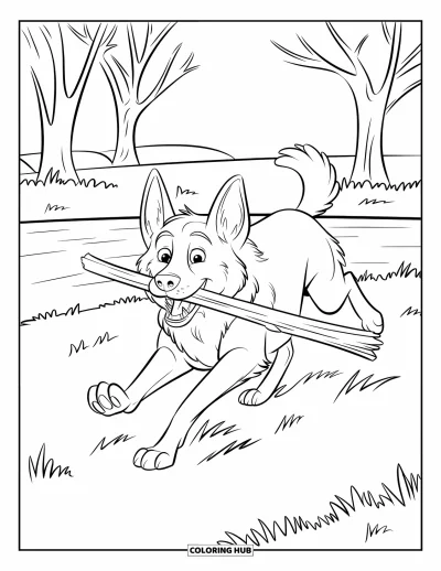 Coloriage de berger allemand pour enfants : Un chien enthousiaste court avec un bâton le long d’un chemin bordé d’arbres