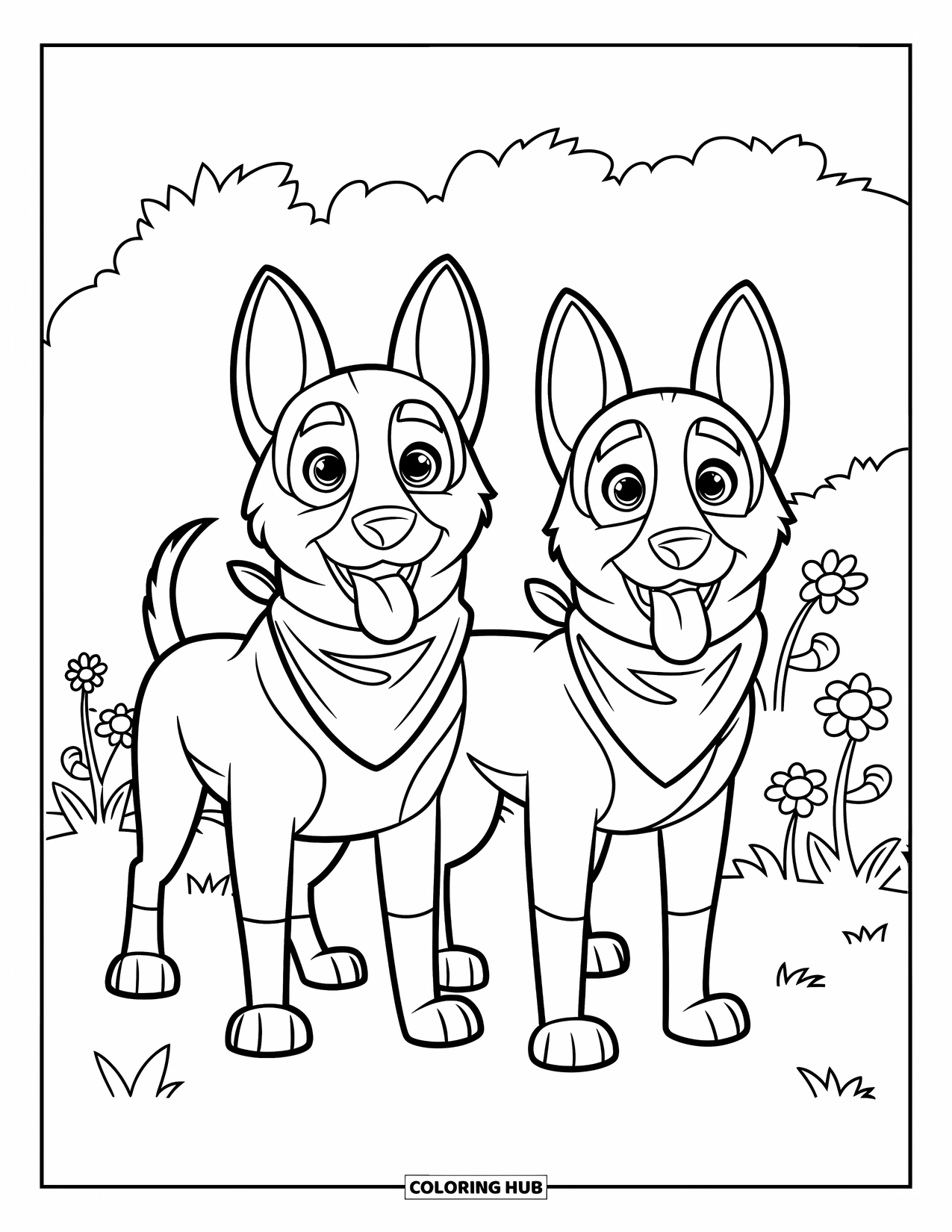 Disegno di un Pastore Tedesco da colorare per bambini: Cani sicuri di sé sono in piedi in una semplice scena piena di fiori