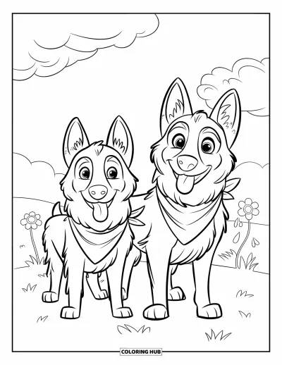 Coloriage de berger allemand pour enfants : Des chiots moelleux en bandanas posent sous un ciel bleu et des fleurs