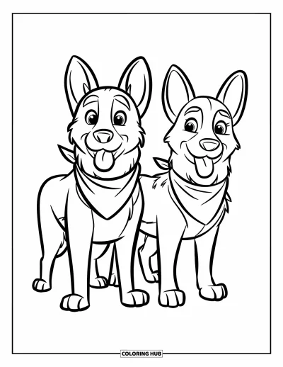Coloriage de berger allemand pour enfants : Des bergers assortis posent fièrement sur un fond vierge adapté aux enfants