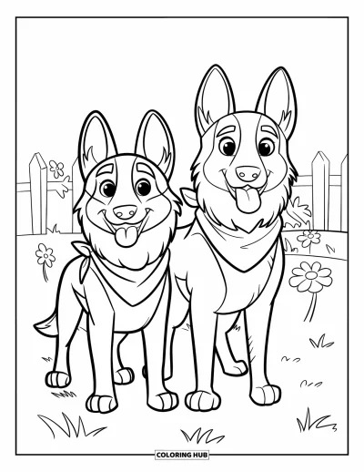 Coloriage de berger allemand pour enfants : Deux bergers portant des bandanas se tiennent fièrement sur un champ de fleurs