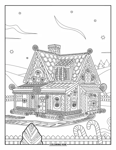 Coloriage de maison en pain d'épices pour adultes : Une maison en pain d'épices magnifiquement décorée avec des cannes de Noël et de délicats détails de glaçage