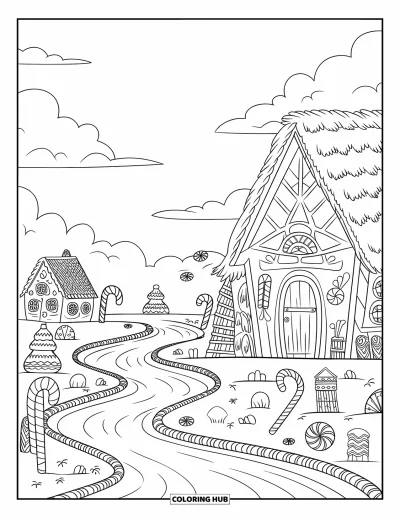 Coloriage de maison en pain d'épices pour adultes : Un village en pain d'épices rempli de bonbons avec une rivière de menthe poivrée et une charmante cabane au toit de chaume