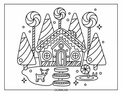 Coloriage de maison en pain d'épice pour adultes : Une charmante cabane en pain d'épice est nichée parmi les arbres de bonbons, avec un petit cerf à proximité