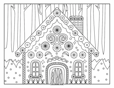 Coloriage de maison en pain d'épices pour adultes : Une charmante maison en pain d'épices avec un glaçage floral, des mosaïques de bonbons et des détails de glaçage dans une forêt