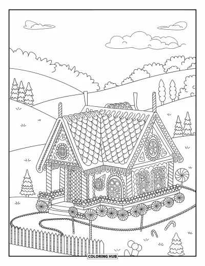 Coloriage de maison en pain d'épices pour adultes : Une charmante maison en pain d'épices avec des décorations de bonbons complexes, des collines ondulantes et un chemin de sucettes