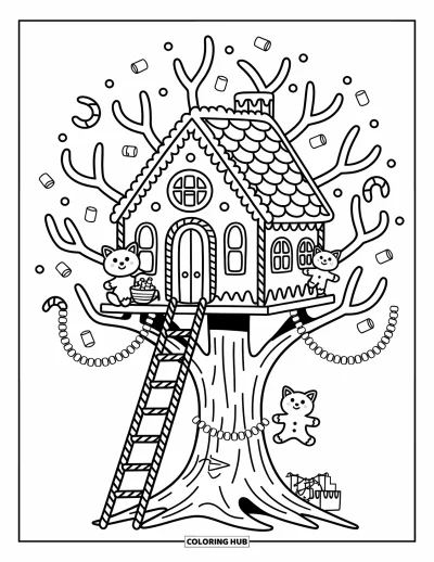 Coloriage de maison en pain d'épice pour adultes : Une charmante cabane dans les arbres en pain d'épice, où un petit renard sirote du cacao pendant qu'un ami grimpe