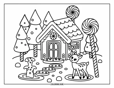 Coloriage de maison en pain d'épices pour adultes : Une cabane confortable en pain d'épices se trouve parmi des arbres de sucettes, des lampes de canne en bonbon et un étang de caramel