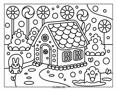 Coloriage de maison en pain d'épices pour adultes : Une maison confortable en pain d'épices se trouve dans un jardin rempli de bonbons avec un minuscule lapin en pain d'épices qui regarde