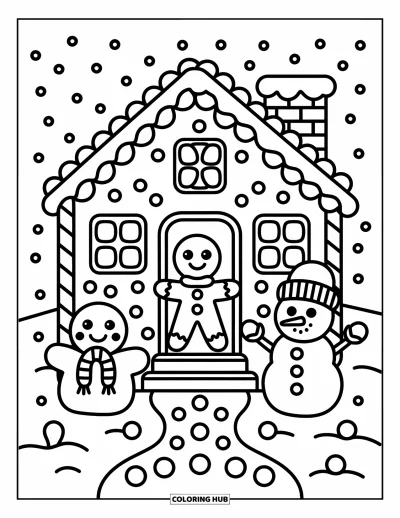 Coloriage de maison en pain d'épices pour adultes : Une maison confortable en pain d'épices avec un chemin de gommes, une personne en pain d'épices qui fait signe et un minuscule bonhomme de neige