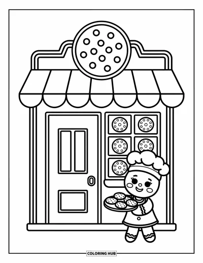 Coloriage de maison en pain d'épice pour adultes : Une boutique confortable en pain d'épice avec une enseigne de biscuits, un auvent à rayures de bonbons et un boulanger joyeux à l'intérieur