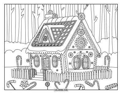 Coloriage de maison en pain d'épices pour adultes : Une maison décorée en pain d'épices avec un toit de chaume, une clôture de bonbons et des gâteries tout autour