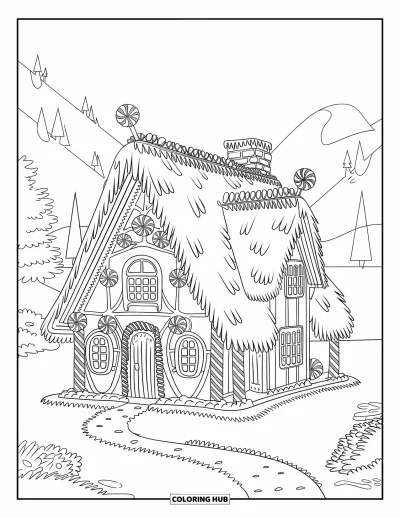 Coloriage de maison en pain d'épices pour adultes : Une maison en pain d'épices détaillée avec des colonnes de menthe poivrée, des tourbillons de glaçage et une vue panoramique sur la montagne