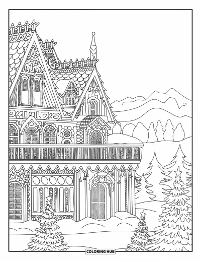 Coloriage de maison en pain d'épices pour adultes : Un palais détaillé en pain d'épices avec des terrains enneigés et des arbres de Noël festifs