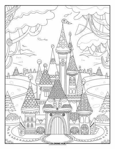 Coloriage de maison en pain d'épices pour adultes : Un château fantastique en pain d'épices avec des tours, des douves et un paysage paisible