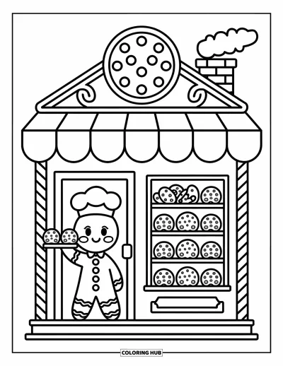 Coloriage de maison en pain d'épice pour adultes : Un boulanger en pain d'épice tient un plateau de biscuits à l'extérieur d'une charmante boutique de bonbons