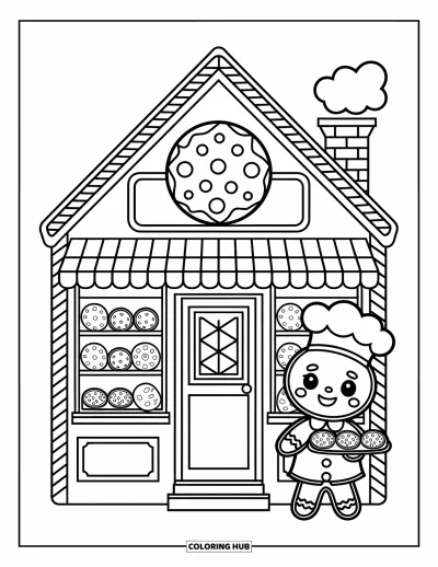 Coloriage de maison en pain d'épice pour adultes : Une boulangerie en pain d'épice avec un auvent à rayures de bonbons, une enseigne de biscuits et un boulanger joyeux à l'intérieur