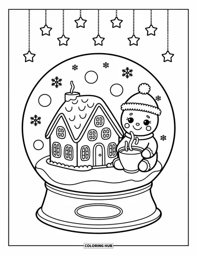 Coloriage de maison en pain d'épice pour adultes : Un ours en pain d'épice déguste du cacao à côté d'une petite maison à l'intérieur d'une boule à neige magique