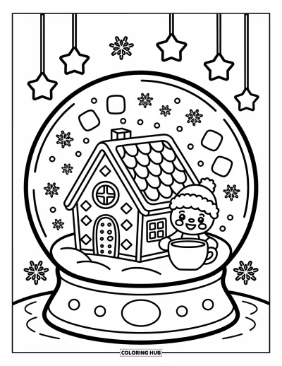Coloriage de maison en pain d'épice pour adultes : Un ours en pain d'épice, portant un chapeau d'hiver, tient du cacao à côté d'une maison à l'intérieur d'une boule à neige