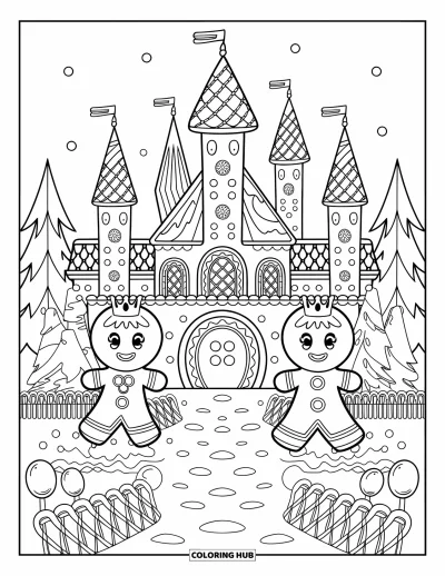 Coloriage de maison en pain d'épice pour adultes : Un château en pain d'épice avec des tours de biscuits, une entrée de beignes et de minuscules personnages royaux sur un balcon