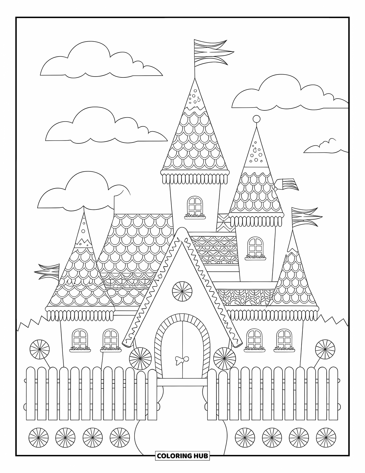 Disegno di pan di zenzero da colorare per adulti: Un castello di pan di zenzero con glassa a merletto, circondato da una staccionata e fiori di caramelle gommose