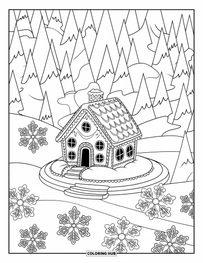 Coloriage de maison en pain d'épices pour adultes : Une maison en pain d'épices dans une forêt enneigée, entourée de délicats flocons de neige glacés