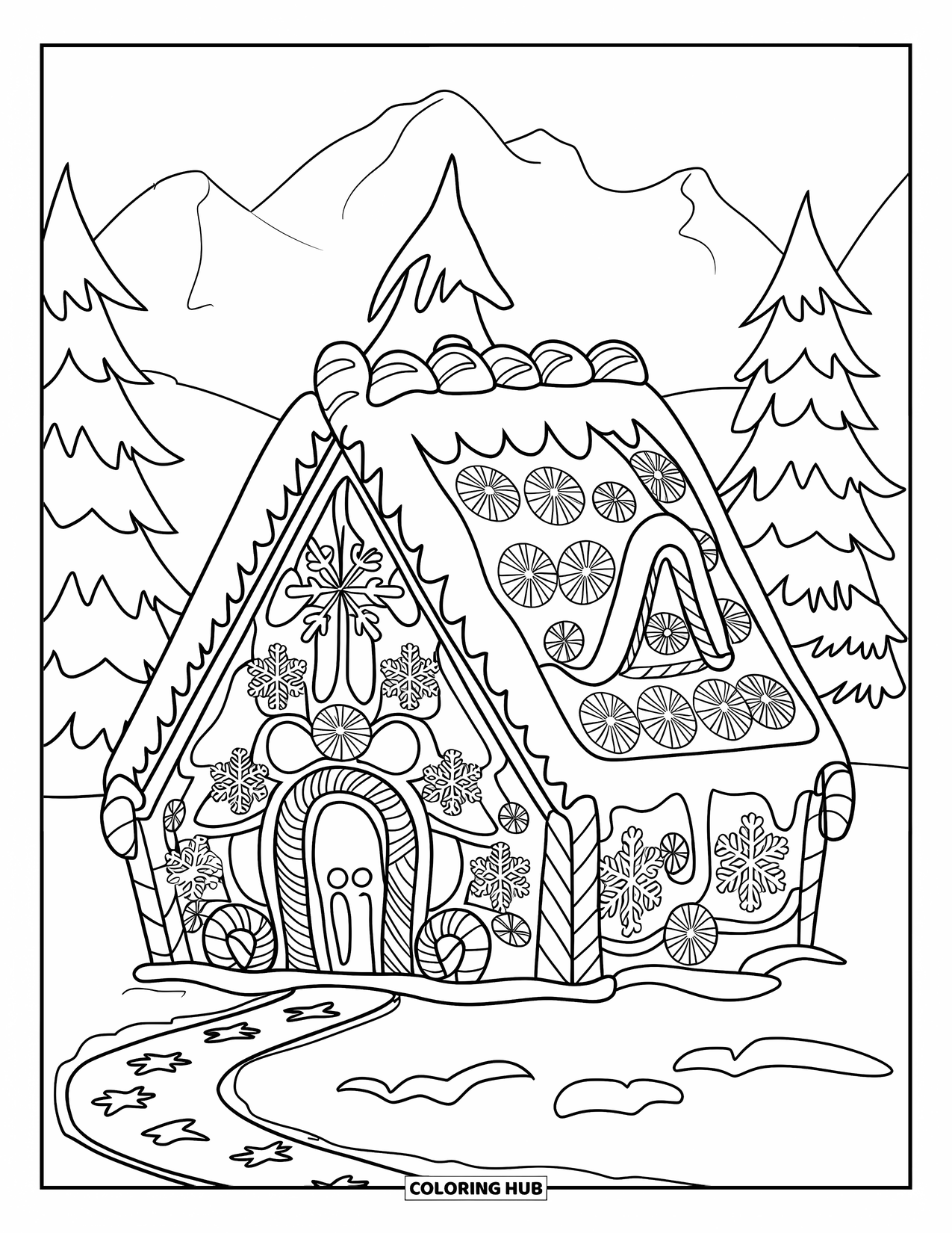 Disegno di pan di zenzero da colorare per adulti: Una casa di pan di zenzero in un paesaggio innevato, con un affascinante sentiero che conduce alla sua porta