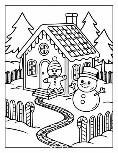 Coloriage de maison en pain d'épices pour adultes : Une maison en pain d'épices se dresse parmi des cannes de Noël et des gommes, avec un bonhomme de neige en guimauve à côté