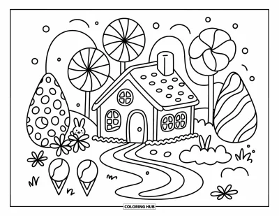 Coloriage de maison en pain d'épice pour adultes : Une maison en pain d'épice entourée d'arbres de bonbons, d'une rivière de chocolat et d'un lapin en pain d'épice joueur