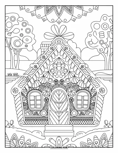 Coloriage de maison en pain d'épices pour adultes : Une maison en pain d'épices avec un glaçage mandala complexe et un cadre paisible au bord de la rivière