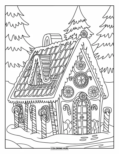 Coloriage de maison en pain d'épices pour adultes : Une maison en pain d'épices avec des piliers de menthe poivrée, des tourbillons de glaçage et un fond de forêt enneigée