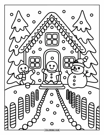 Coloriage de maison en pain d'épice pour adultes : Une personne en pain d'épice fait signe joyeusement depuis sa maison remplie de bonbons, avec un bonhomme de neige en guimauve à proximité
